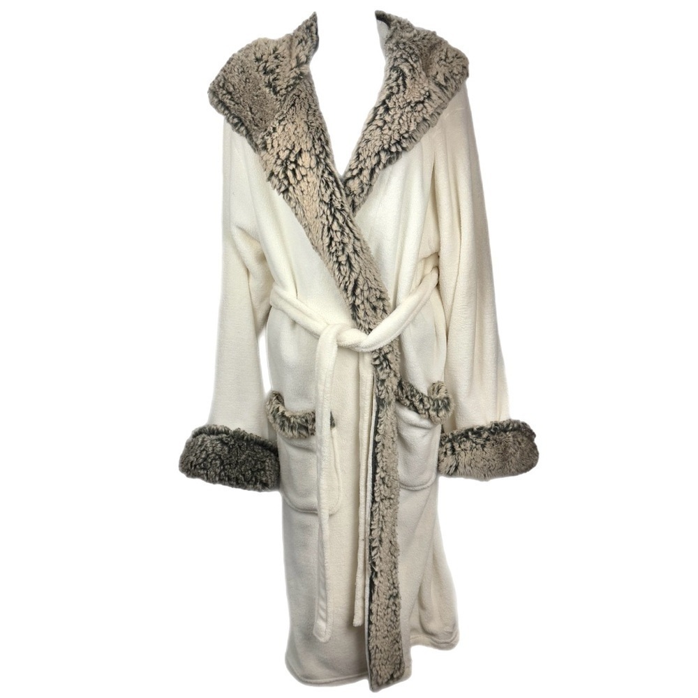 Vegan Pottery Barn Spa Comfy Faux Fur Wrap Around Tie Fleece Robe w Hood, Sz. L